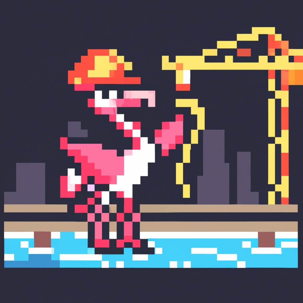 flamingo construction worker guiding large yellow crane