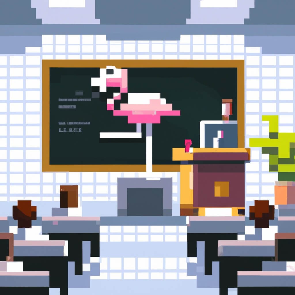 flamingo professor teaching at chalkboard in lecture hall